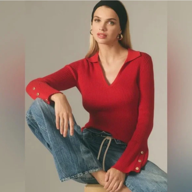 Anthropologie X Maeve Polo Ribbed Crop Sweater Bell Sleeve Red Sz Xxs {J5}